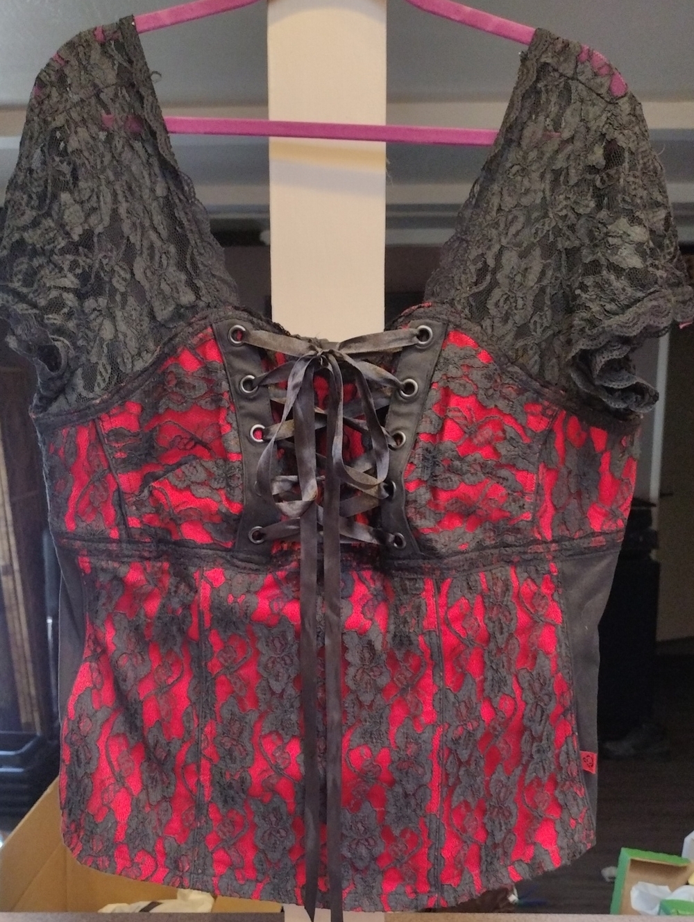 Tripp NYC Black Lace Overlay Red Corset Top